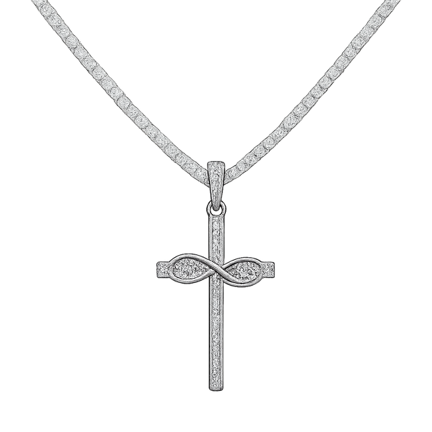 Silver cross pendant necklace with diamonds on a white background