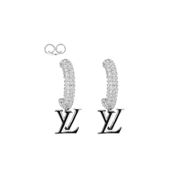 Silver earrings with 'LV' logo on a white background