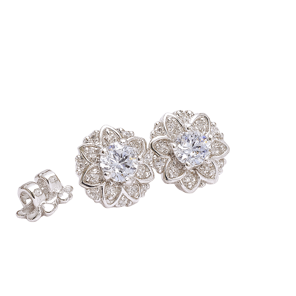 Silver floral earrings with clear gemstones on a white background