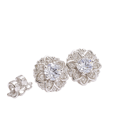 Silver floral earrings with clear gemstones on a white background