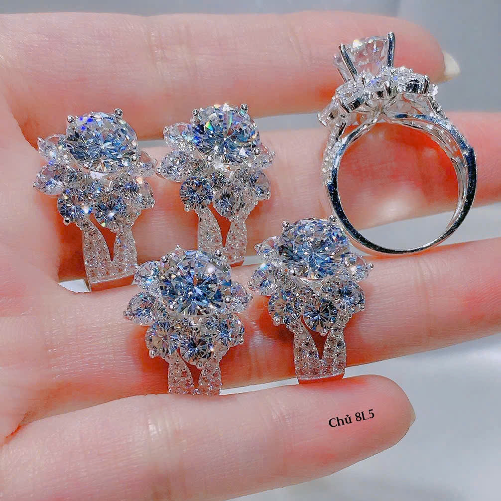 Silver jewelry set with rings and earrings on a hand
