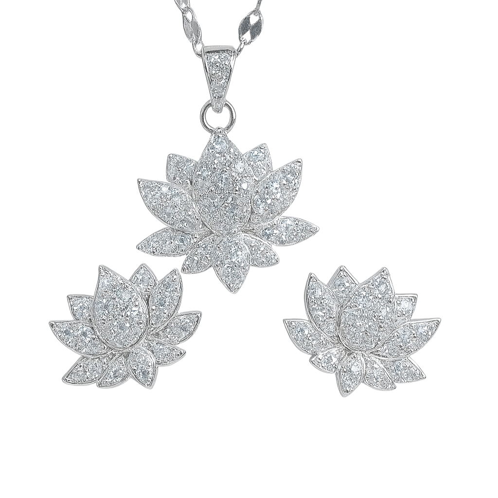 Silver lotus flower necklace on a white background