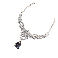 Silver necklace with a teardrop-shaped purple gemstone on a white background