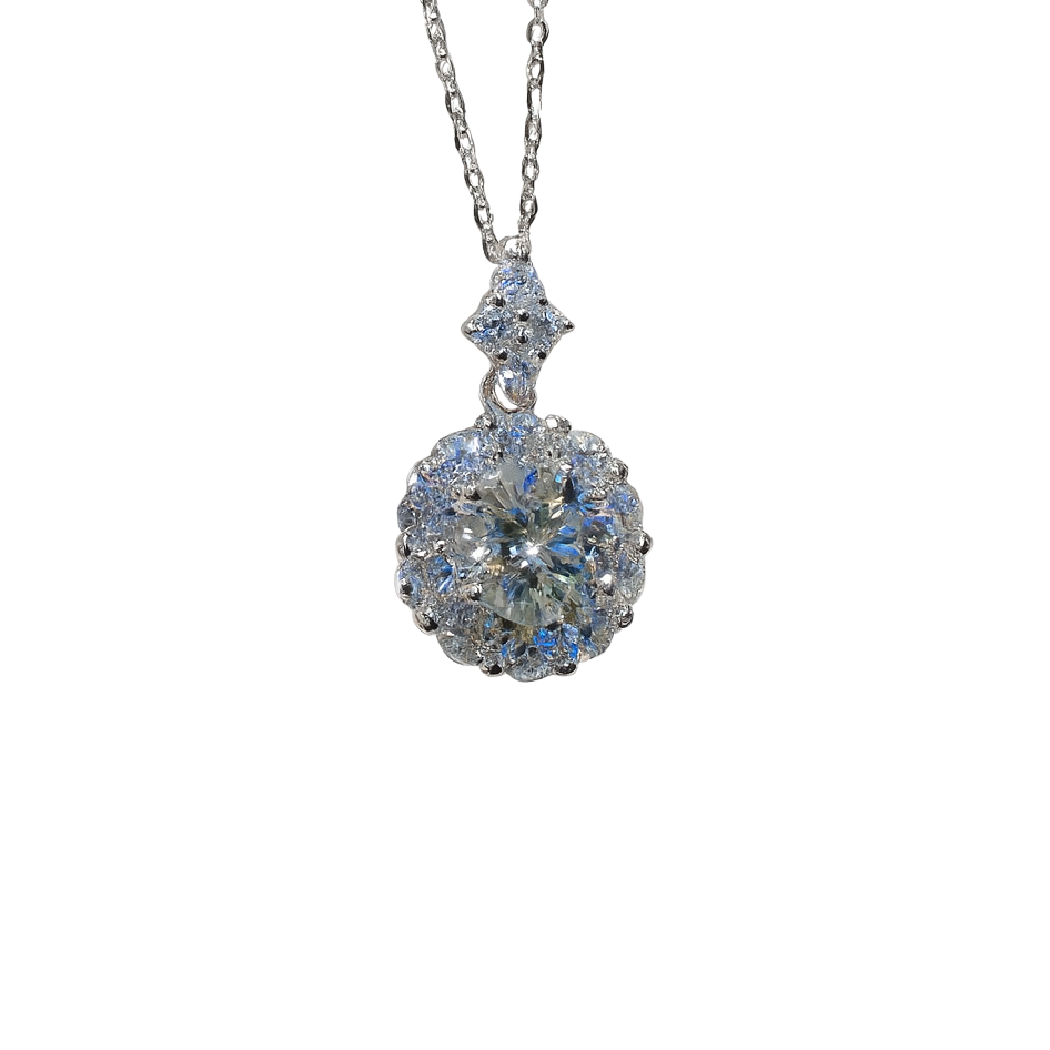 Silver necklace with a round, faceted pendant on a white background