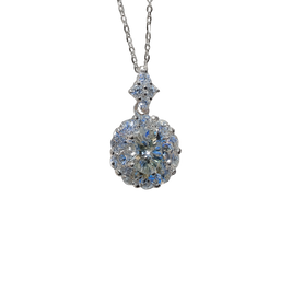 Silver necklace with a round, faceted pendant on a white background