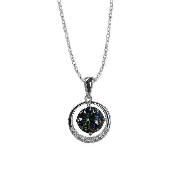 Silver necklace with a round pendant on a white background