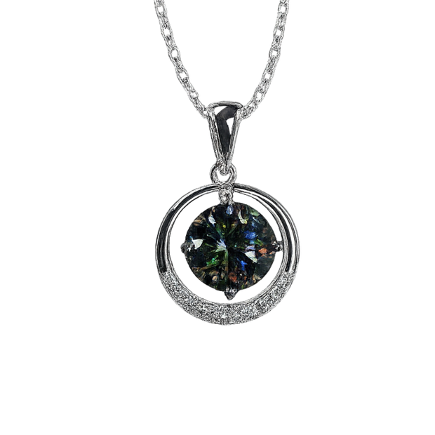 Silver necklace with a round pendant on a white background