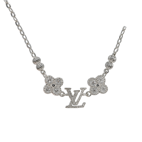 Silver necklace with floral pendants and 'LV' logo on a white background