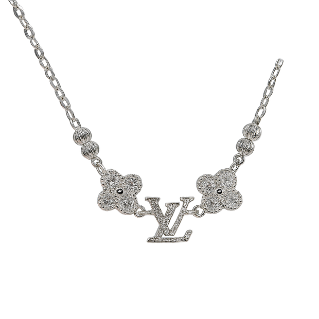 Silver necklace with floral pendants and 'LV' logo on a white background