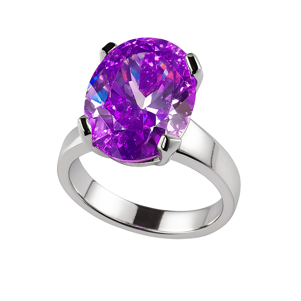 Silver ring with a large purple gemstone on a white background
