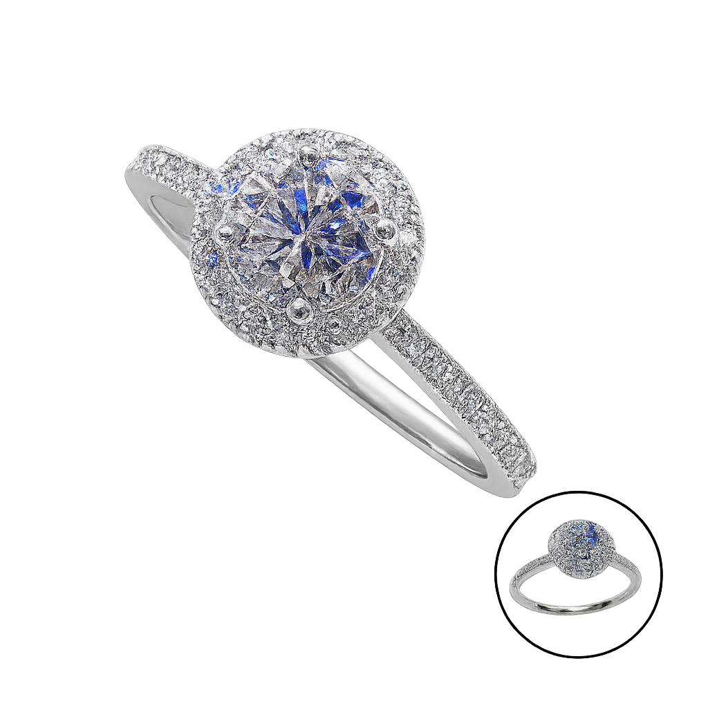 Silver ring with gemstone and diamond accents on a white background