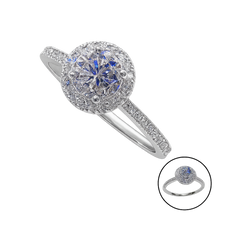 Silver ring with gemstone and diamond accents on a white background