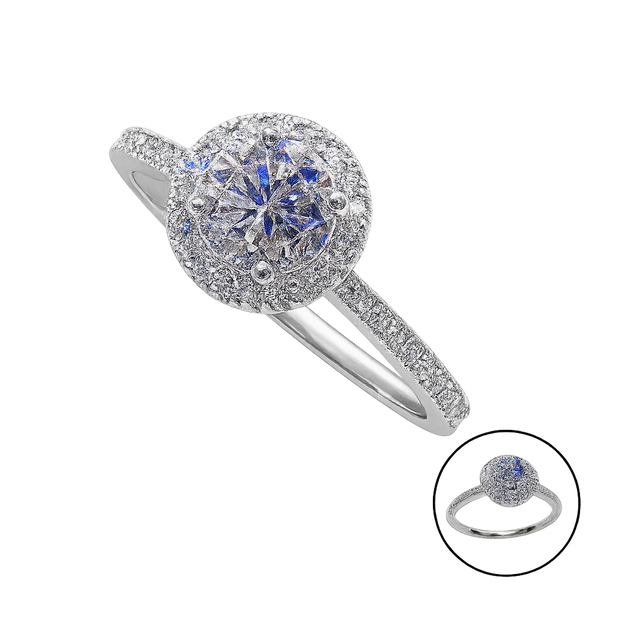 Silver ring with gemstone and diamond accents on a white background