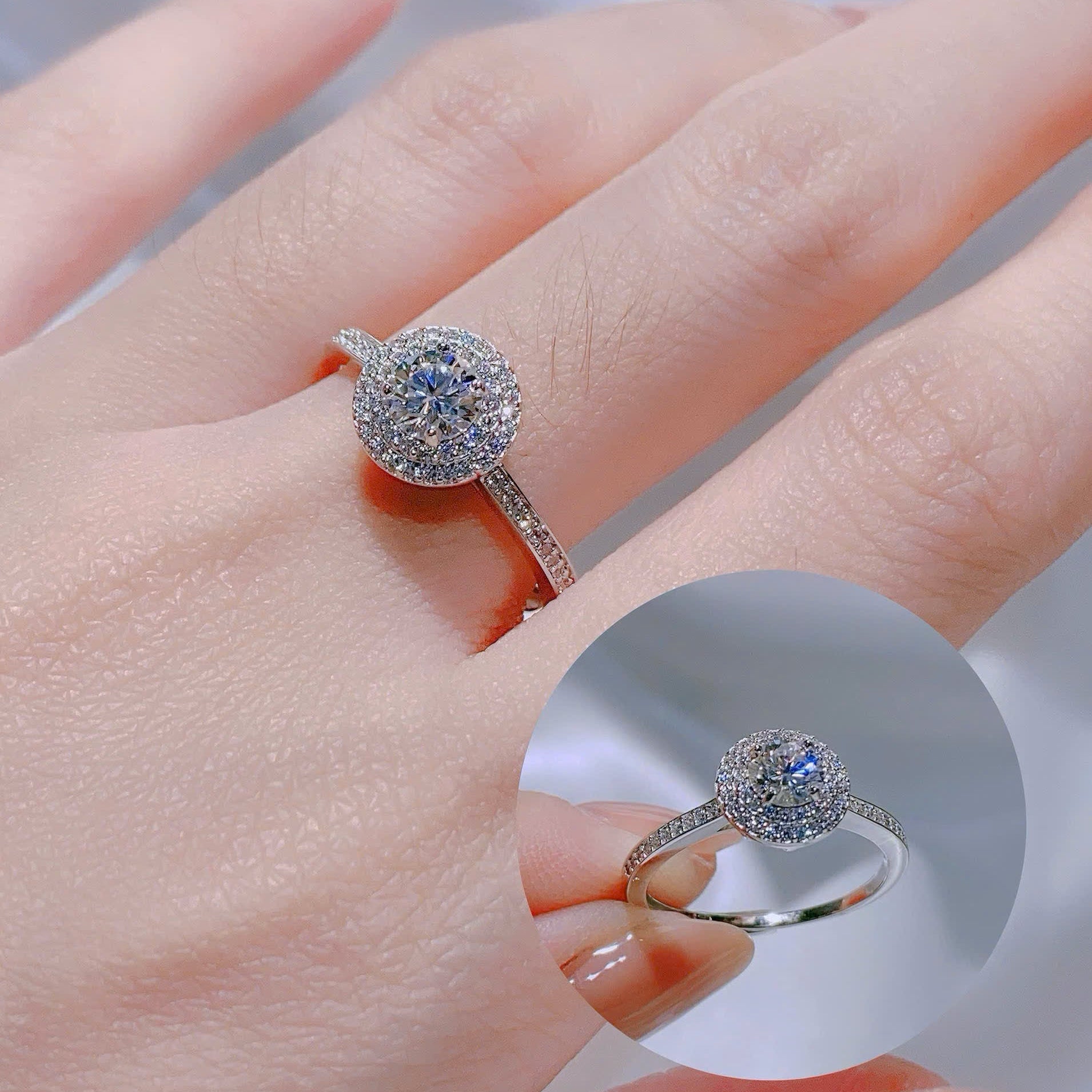 Silver ring with gemstone on a hand, close-up view