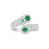 Silver ring with green gemstones on a white background