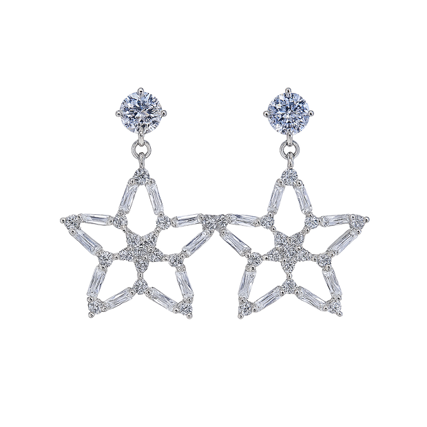 Star-shaped silver earrings with clear gemstones on a white background