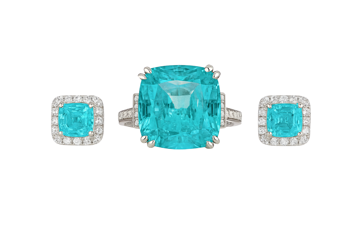 Turquoise gemstone ring and earrings on a white background