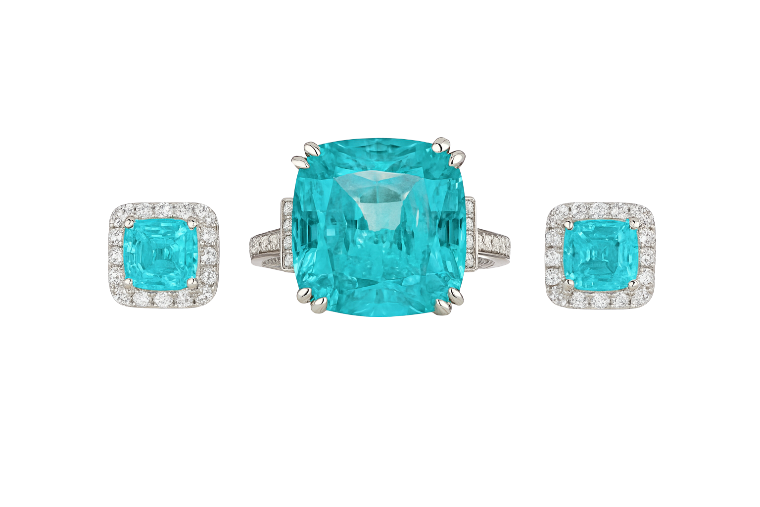 Turquoise gemstone ring and earrings on a white background