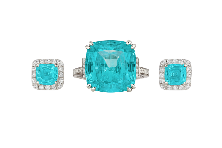 Turquoise gemstone ring and earrings on a white background