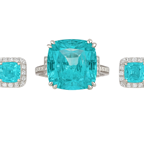 Turquoise gemstone ring and earrings on a white background