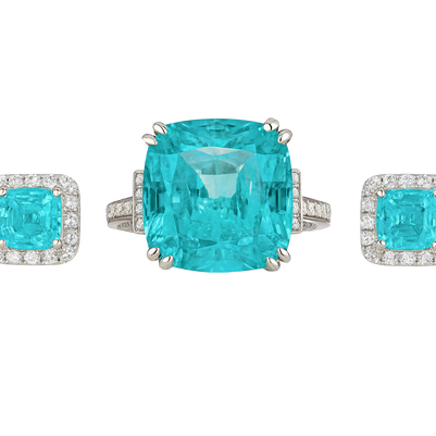 Turquoise gemstone ring and earrings on a white background