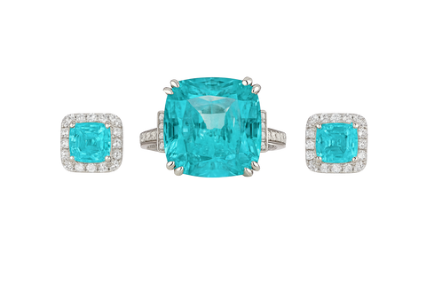 Turquoise gemstone ring and earrings on a white background