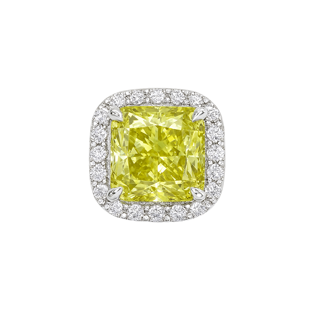 Yellow diamond ring with white gold prongs on a white background